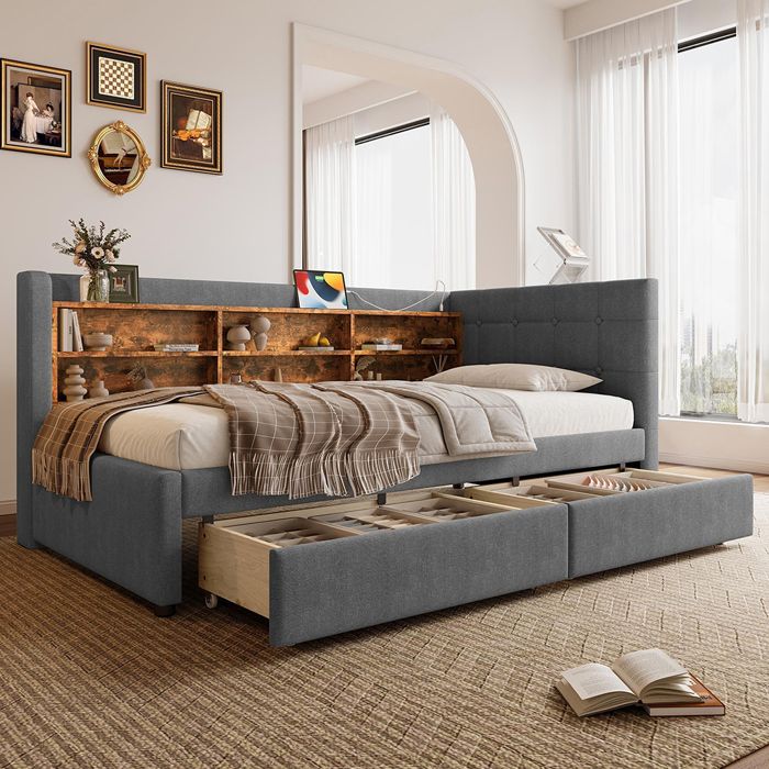 Méridienne canapé-lit 90x200 cm gris avec 2 tiroirs tête USB & Type‑C rangement sans matelas