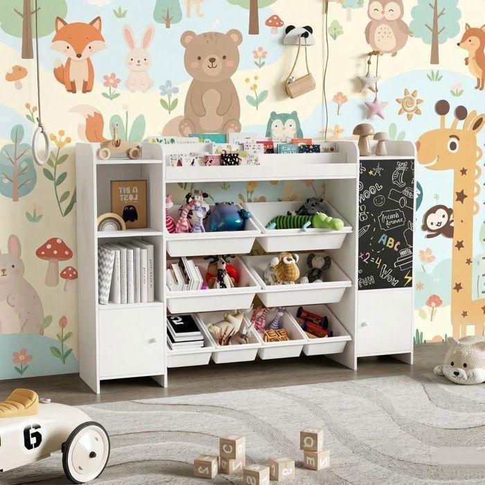 Étagère pour Enfant Bibliothèque Enfant Meuble Rangement Étagère pour enfant avec 8 boîte de rangement et planche à dessin