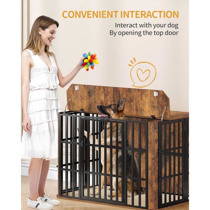 Cage pour Chien Heavy Cage en Bois avec Porte dalimentation Supérieure Design Multi-Portes 120 x 75 x 81 cm Marron Vintage