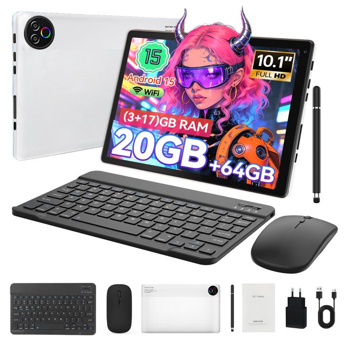 Tablette 10’’ 5-Core avec Clavier Souris et Stylet 20(3+17)Go RAM+64Go Écran HD 1280x800 Déverrouillage du Visage Blanc