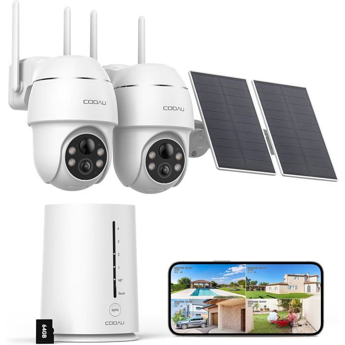 Caméra de Surveillance COOAU 4MP WiFi Solaire - 2 Caméras - Vision 360° - 64 Go Stockage