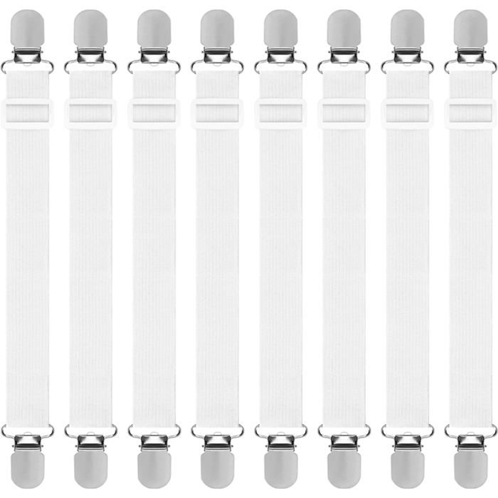 Lot de 8 tendeurs de drap housse réglables - 30 à 130 cm - Avec clips métalliques - Blanc