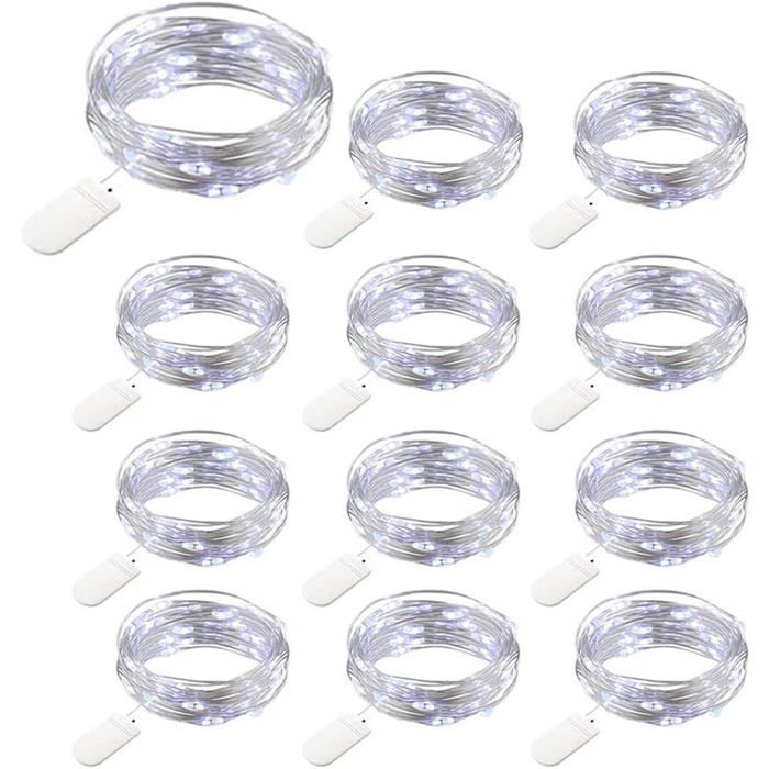 12 Packs Guirlandes Lumineuses à Piles 20 LEDs 2M Guirlande en Cuivre IP65 Étanche Argent Fil Blanc Froid Ambiance Lumière