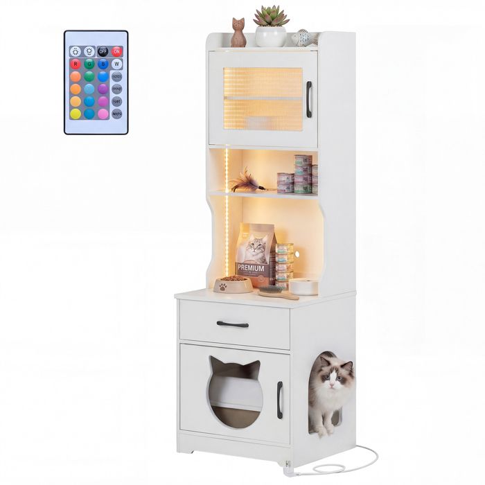 2 en 1 Meuble de Bac à Litière COSTWAY avec LED Ajustable Station de Charge Tiroir Portes Entrée Latérale Télécommande Blanc