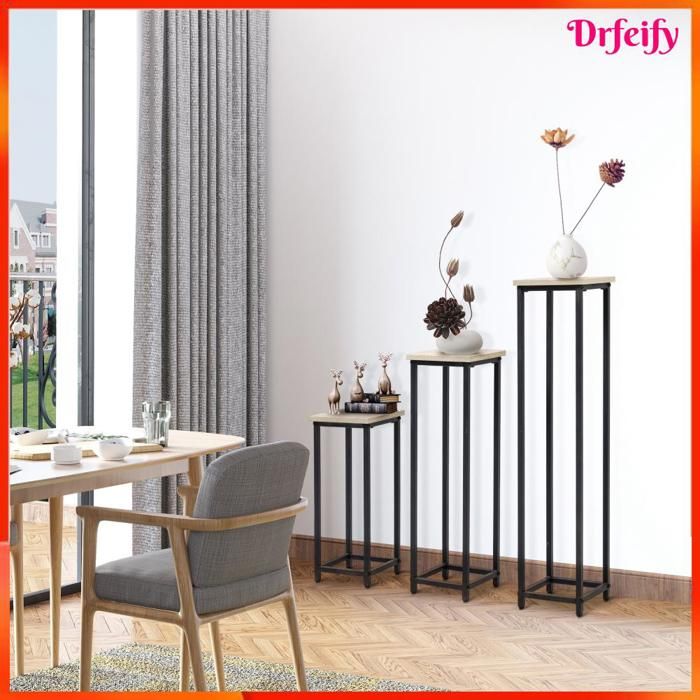 Porte-plantes - AKOZON - 14551 (lot de 3) - Carrés empilables - 21x21x50/70/90 cm - Métal noir plateau effet bois