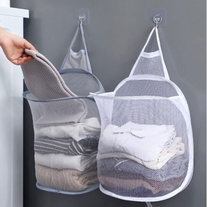 Sac à linge suspendu - PZCC - Modèle pliable - Maille nylon respirant - 30x40x18 cm - Accroche porte