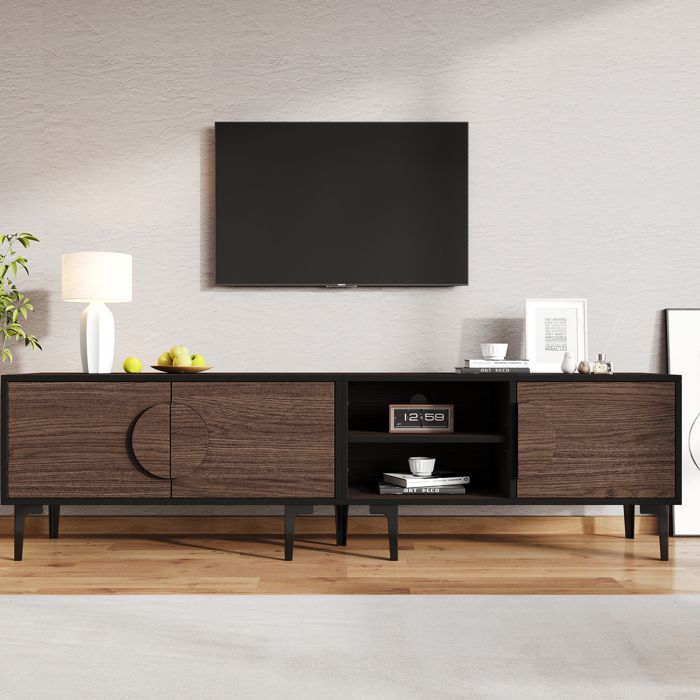 Meuble TV effet noyer foncé avec cadre noir 3 portes et niches ouvertes