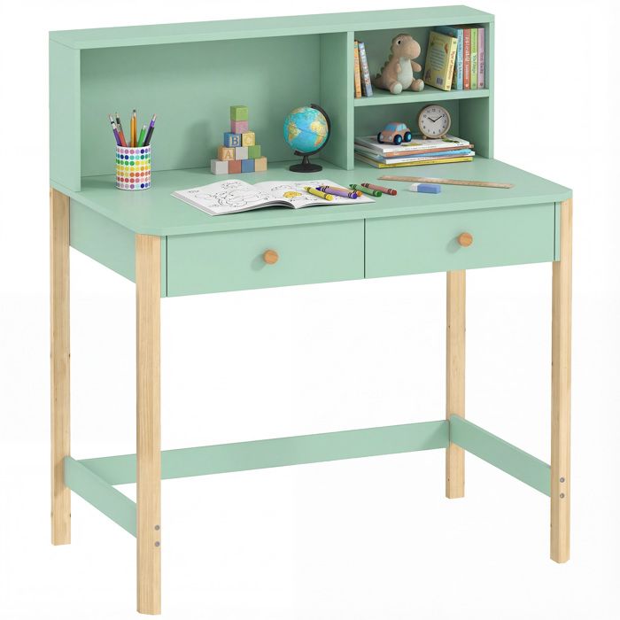 Bureau enfant - AIYAPLAY - 2 tiroirs et 3 compartiments ouverts plateau large - 5-12 ans - MDF et bois de pin - 90x52x105cm - vert