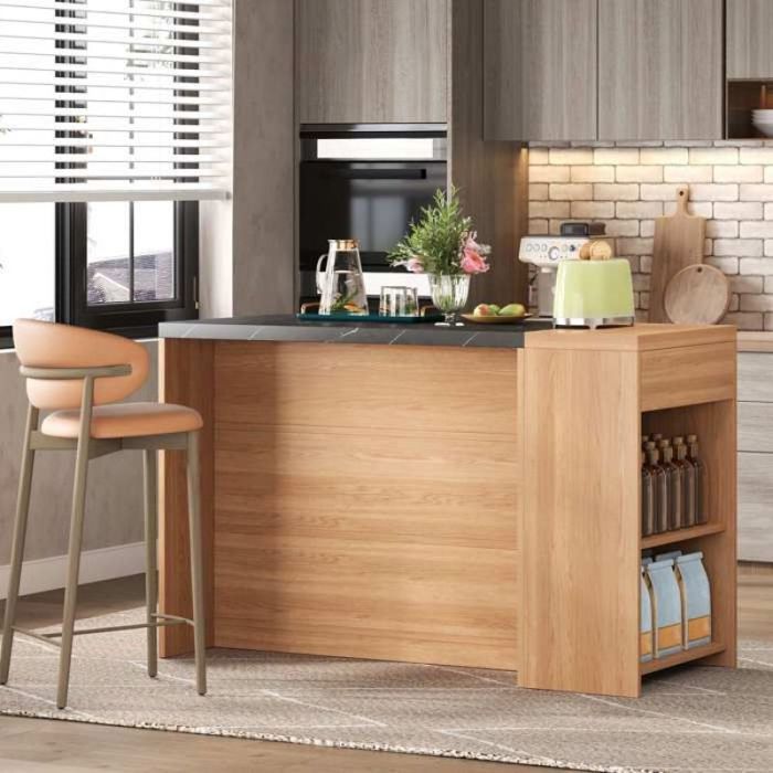 Meuble îlot cuisine polyvalent avec étagères et tiroir plateau résistant 30-50kg étanche et facile à nettoyer noir ILOT CENTRAL