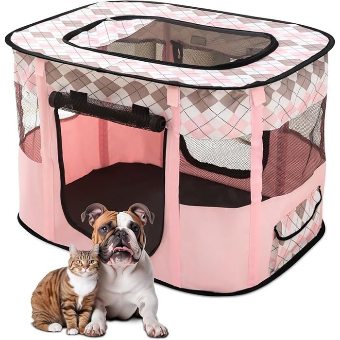 Parc Chien Pliable M Carreaux Roses – Enclos Tente Respirante pour Chiot Chat Lapin – Portable Idéal Voyage CLAPIER
