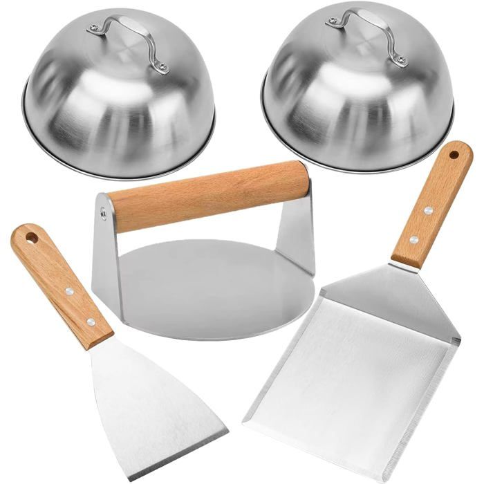 Ensemble 5 pcs smash burger inox pour plancha : 2 cloches presse spatule gril ustensiles plancha