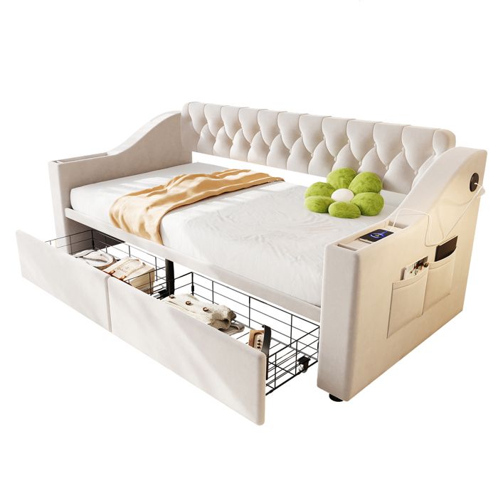 VLIVRA Lit Banquette Lit Simple avec 2 Tiroirs USB Type-C Rangements et Poches 90×190 cm sans Matelas Beige