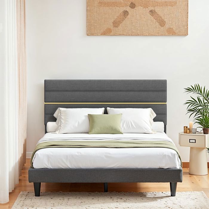 Lit complet Lit Double Convient pour Un Matelas de 140 x 190 cm Tête de Lit Rembourrée Ajustable Moderne Gris