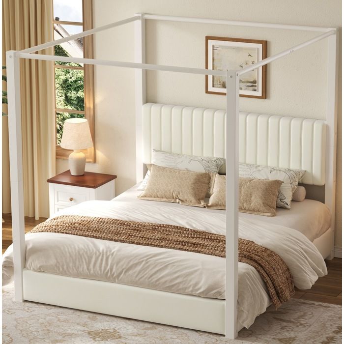Lit à baldaquin rembourré avec tête de lit et structure en métal - TCQPZ - velours beige et blanc 180x200 cm