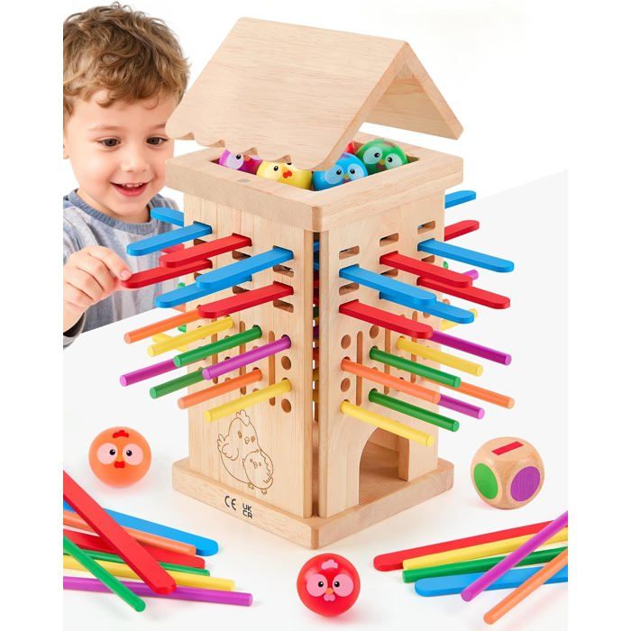 Jouet Montessori Enfant 3 4 5 6 Ans – Jeu de Société en Bois – Jeu du Poulailler avec Bâtonnets et Dés – Jeu Educatif Familial