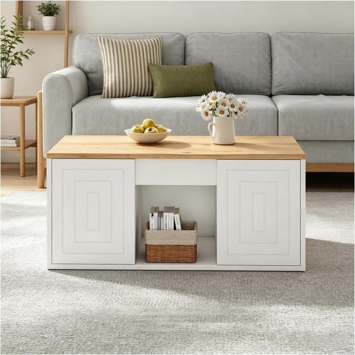 Table basse relevable 95 x 46 x 45 cm hauteur jusquà 59 cm 2 portes rainurées rangement fermé effet bois naturel blanc salon chic