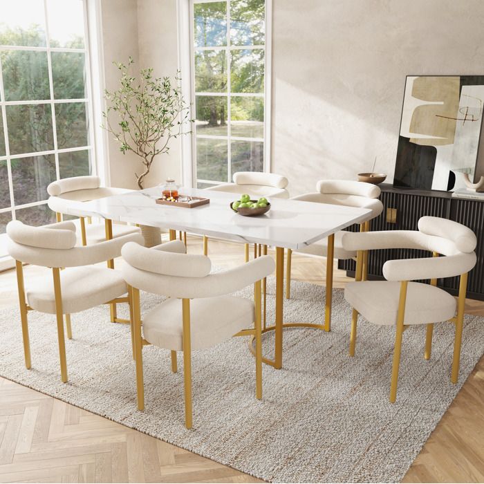 Fauteuil de salle à manger EVRYAE - assise large et dossier ergonomique structure en métal - Beige et doré