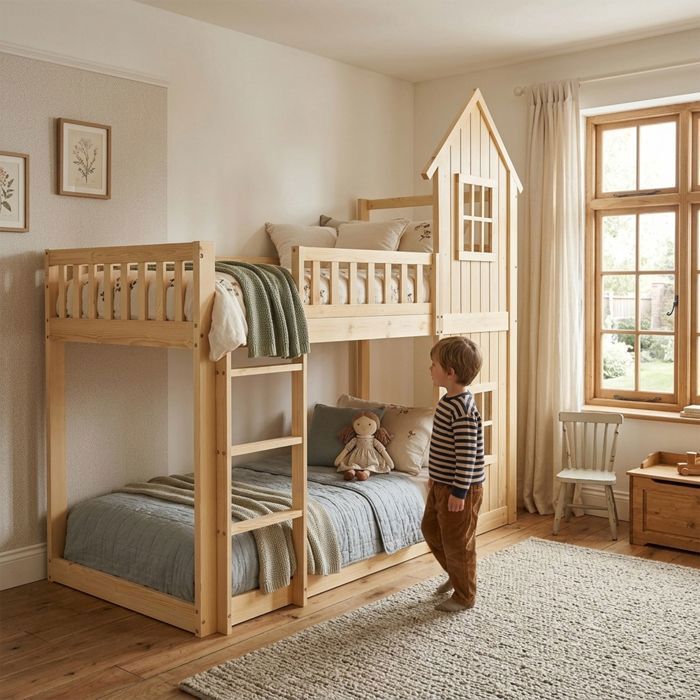 Lit superposé enfant 90x200 cm style cabane en pin et MDF avec 2 fenêtres escalier 3 marches et barrières - Bois naturel