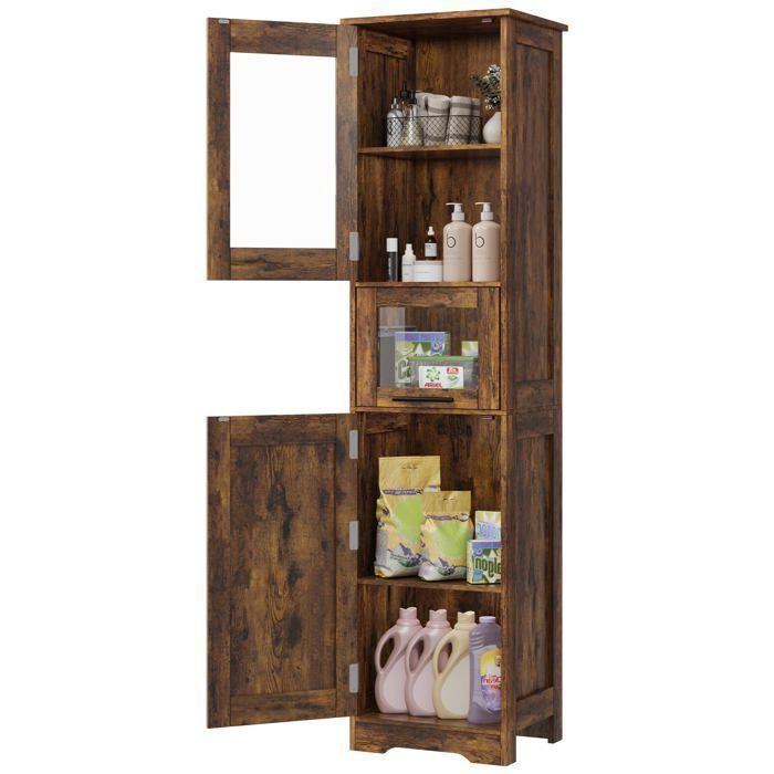 Garvee Colonne de salle de bain haute 5 étagères réglables et 1 tiroir en MDF hydrofuge porte vitrée rétro
