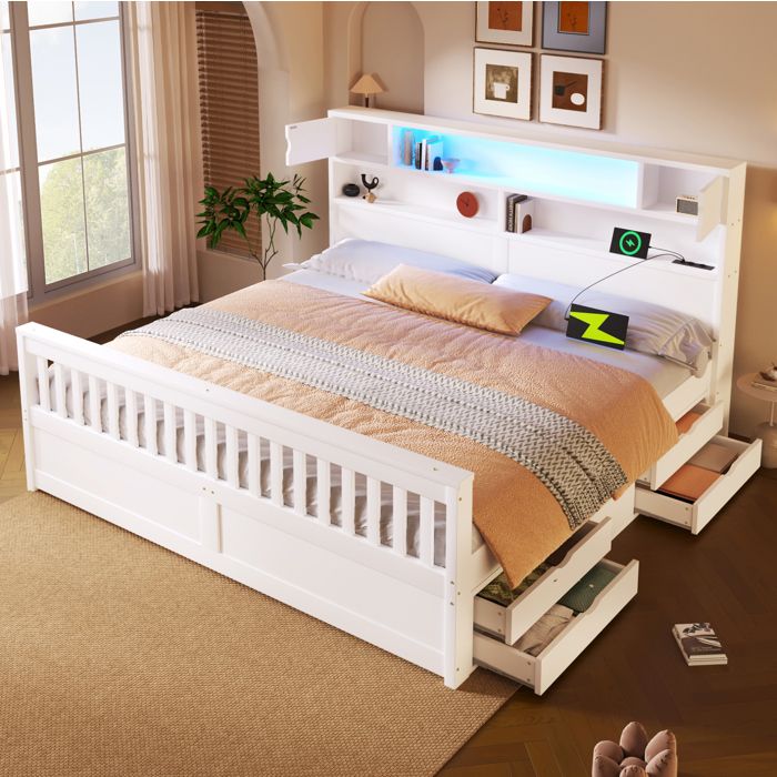 COVREO Sommier 180 x 200 cm avec tête de lit bibliothèque LED USB 4 tiroirs blanc