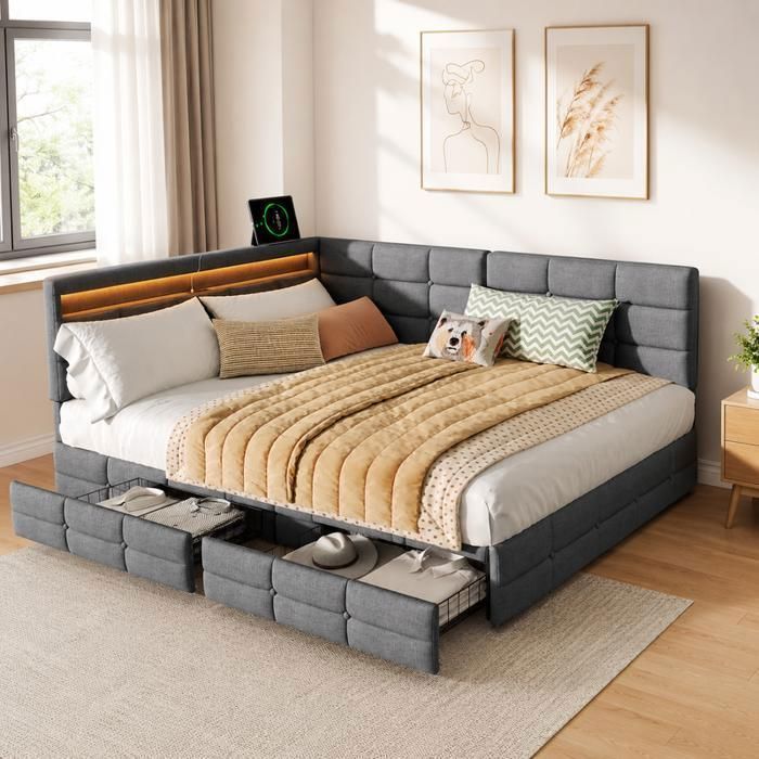 Lit Coffre Double 140x190 cm Canapé-lit avec LED et USB Lit Capitonné avec 2 Tiroirs Lit avec Sommier à Lattes Lin Gris