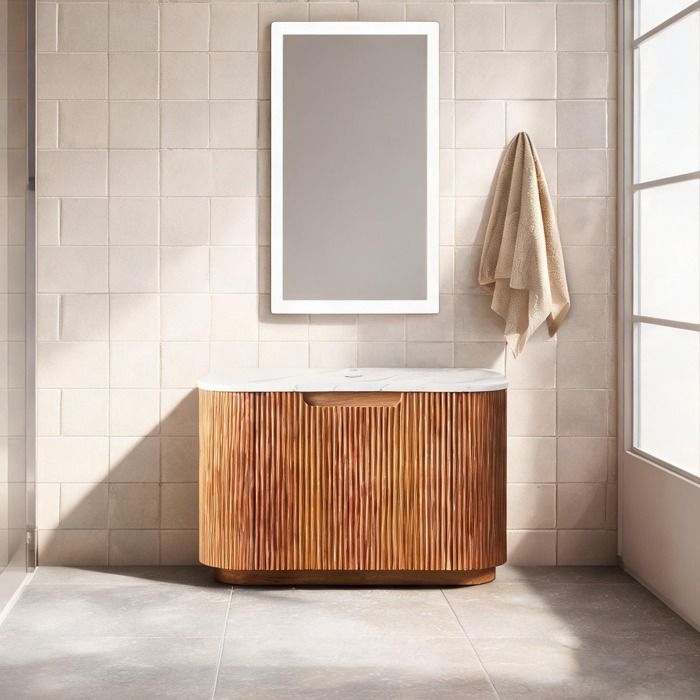 Salle de bain meuble vasque suspendu 61 cm contreplaqué bois naturel rainuré 1 tiroir sans vasque blanc Carrare