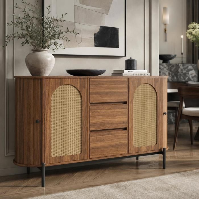 Buffet Bahut Effet Noyer 140x38x775 cm COZHYESS Meuble Rangement Rotin Portes Coulissantes 3 Tiroirs Rayons Réglables - Noyer