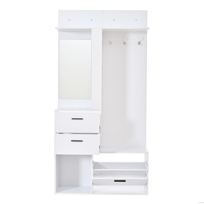 Vestiaire dentrée blanc avec miroir pleine longueur 2 tiroirs meuble à chaussures rabattable et 3 crochets MDF 90 x 30 x 180 cm