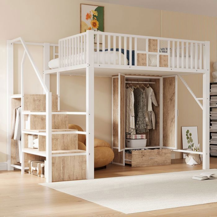 Lit mezzanine - WESTYLE - 140x200 cm - Armoire intégrée - Escalier rangement - Métal & bois - Blanc