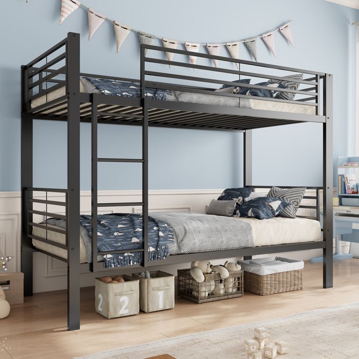 Lit superposé métal 90×200cm lit enfant design classique lit double avec barrières sécurité échelle droite à trois marchesnoir