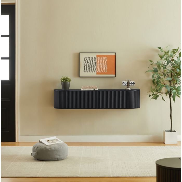 HOMVRA Meuble TV suspendu 140 cm noir avec passe-câbles portes rangements en panneaux de particules et MDF