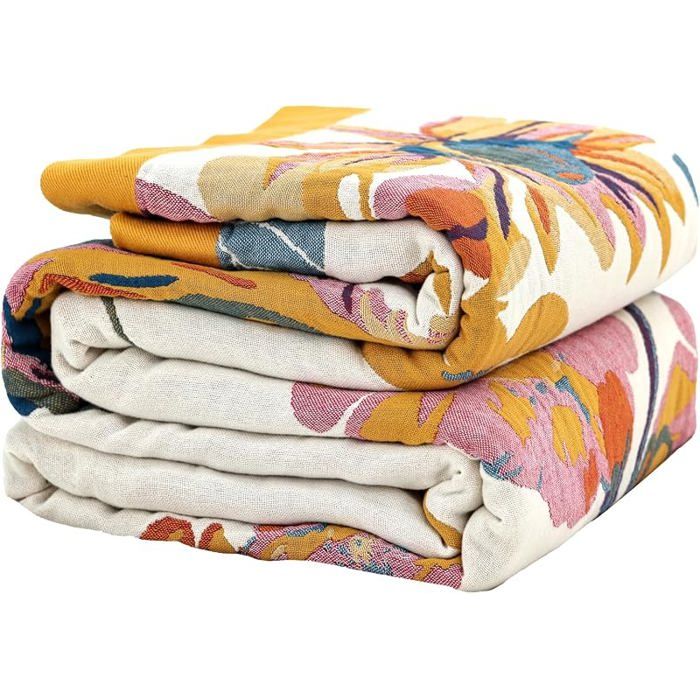 Plaid Bohème Coton Réversible 200x230 cm Orange Bleu Floral Couvre-lit Doux Canapé Fauteuil Jeté Déco COUVERTURE
