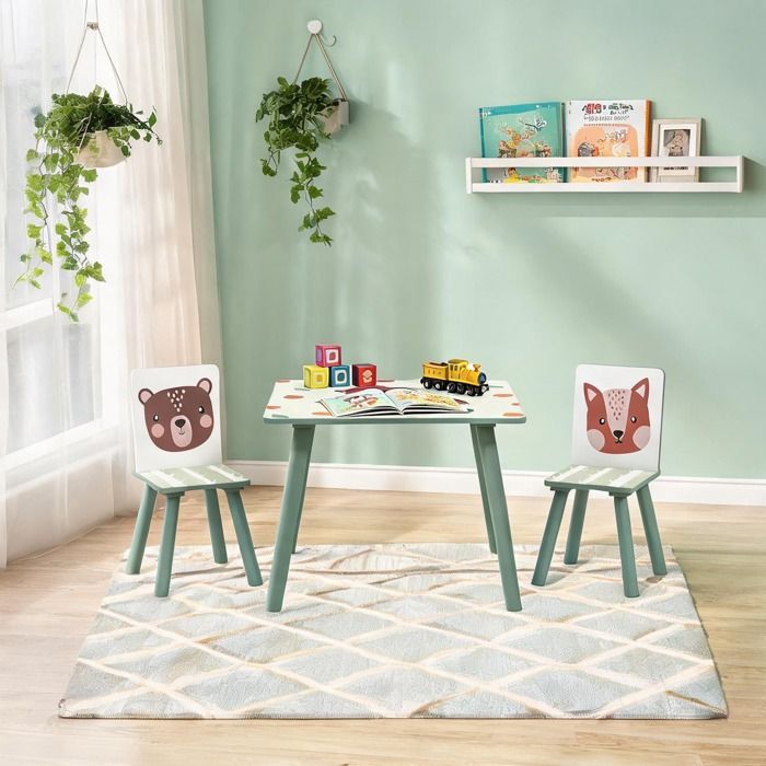 Ensemble 3 pièces en MDF et pin and Table enfant carrée 60x60 cm avec 2 chaises Kids Table and Chair with 23.6 in