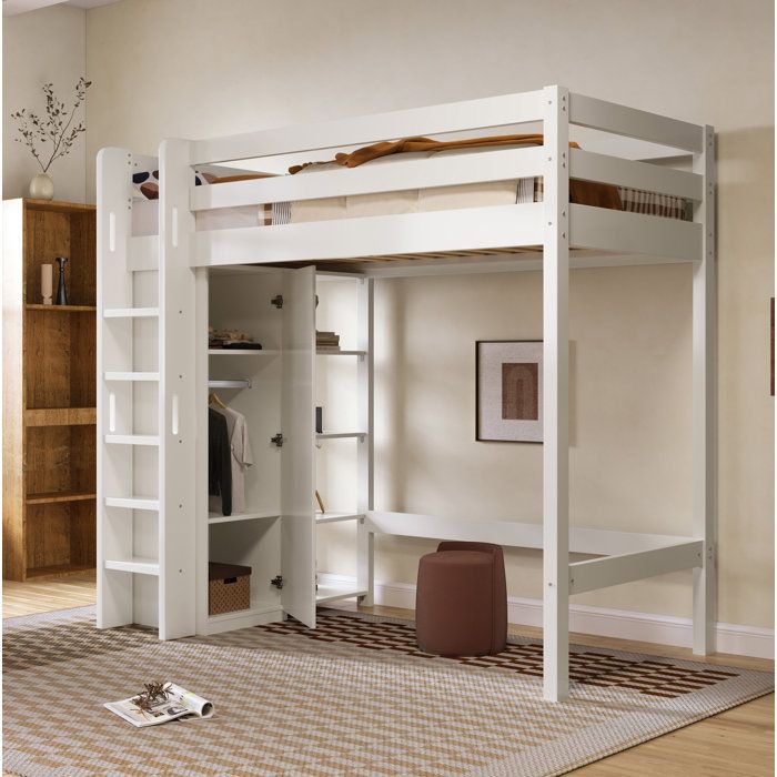 Lit mezzanine enfant AESVAR 90 x 200 cm blanc avec armoire integree et 6 rangements sommier a lattes inclus