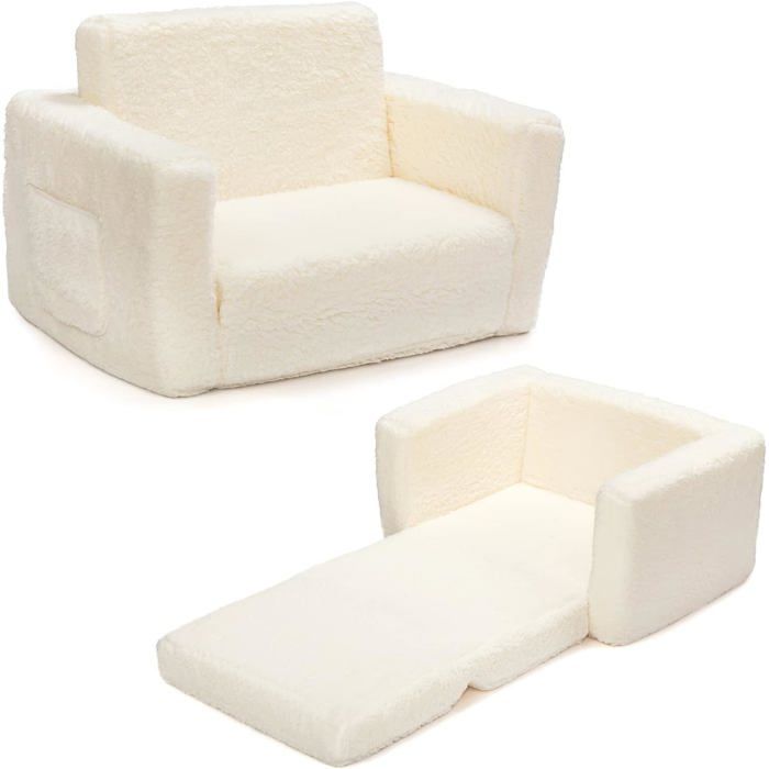 Fauteuil enfant convertible en canapé-lit 2-en-1 - housse sherpa amovible et lavable - mousse 43 2 x 60 x 43 2 cm - blanc