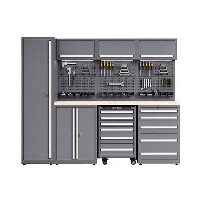 Établi en bois et acier avec colonne simple - L275 x P57 x H202 cm - Gris anthracite - ATELIOR Établi en bois et acier avec colonne simple - L275 x P57 x H202 cm - Gris anthracite - ATELIOR
