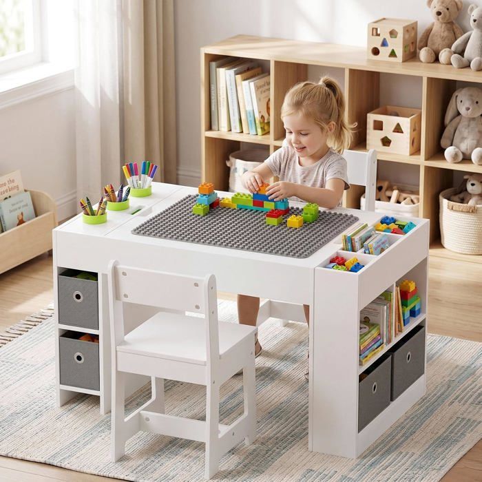 Table pour enfants avec 2 chaises multifonctionnelle avec plateau de construction table de jeu avec espace de rangement