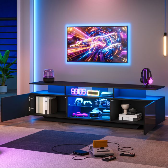 Meuble TV LED 160 cm - Noir Brillant - avec 2 Portes 8 Rangements en MDF et Verre Trempé - pour TV Jusqu’à 70 Pouces Meuble TV LED 160 cm - Noir Brillant - avec 2 Portes 8 Rangements en MDF et Verre Trempé - pour TV Jusqu’à 70 Pouces