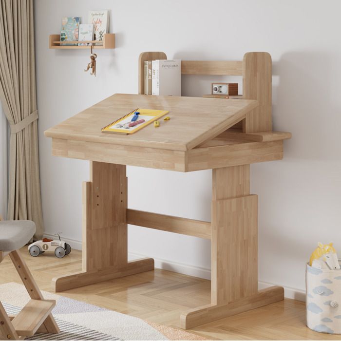 Bureau enfant naturel 80 x 60 x 94-104 cm hauteur réglable plateau inclinable repose-livres sécurité certifiée