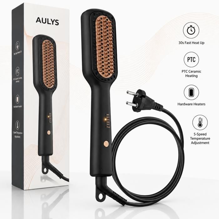Brosse lissante chauffante - AULYS - Modèle AULYS - Chauffage PTC céramique - 5 températures 120-200°C - Anti-brûlure