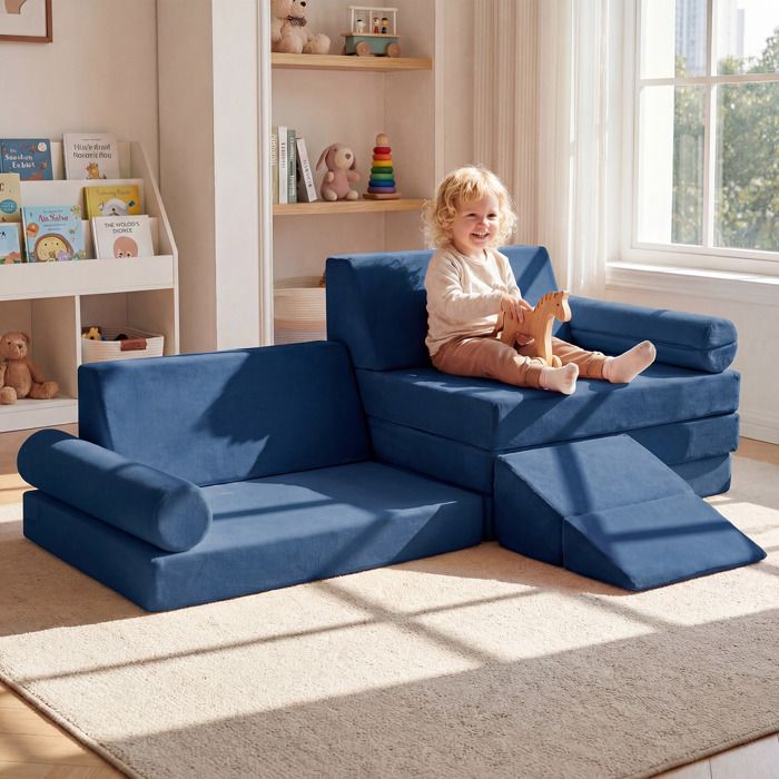 Canapé Lit Enfant-COSTWAY-Canapé Convertible Avec 13 Modules XXL-150 x 100CM Blocs de Mousse Épais en Velours Ultra-Doux Bleu