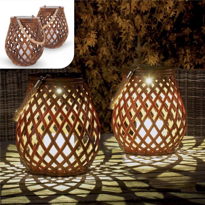 Lot de 2 lanternes solaires dextérieur - Lampes LED effet rotin pour jardin terrasse et balcon lampes de table solaires