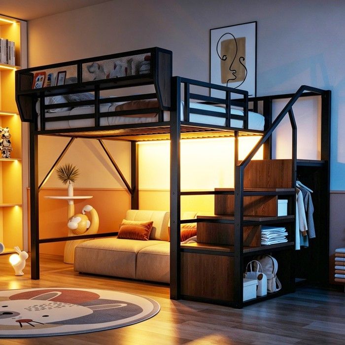Lit mezzanine métal noir - BLACKCOLOR - 140 x 200 cm - Longueur 255 cm - Largeur 145 cm - Hauteur 191 cm - Poids 72 kg