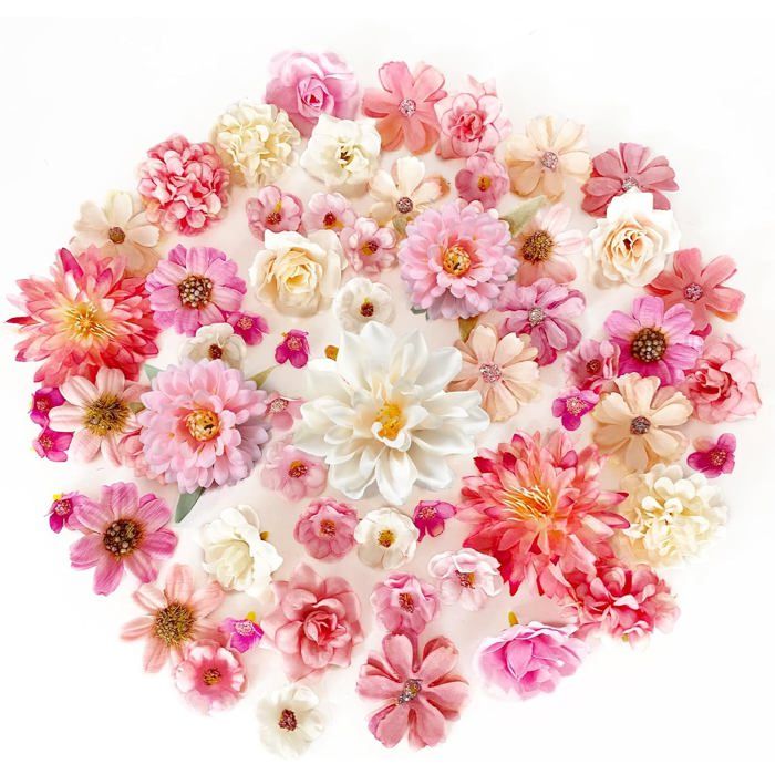Fleurs artificielles roses et blanches - Lot de 60 - 18 variétés - Diamètre 2 à 8 cm - Soie artificielle