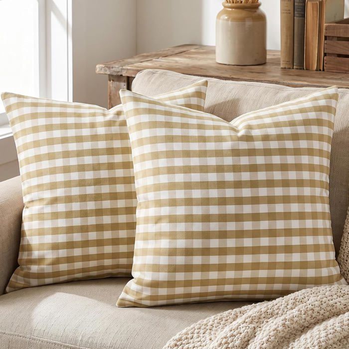 Housse de coussin vichy marron blanc 40 x 40 cm - lot de 2 - fermeture éclair invisible - polyester décoratif