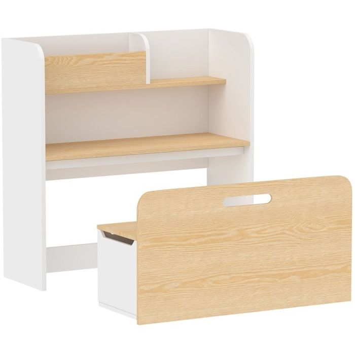ROVRYN Table enfant 5 en 1 avec bibliothèque coffre de rangement et banc bois blanc 3-8 ans