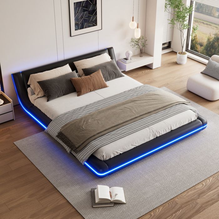 BEL Lit plat 160x200 cm lit de sol PU LED ambiance noir