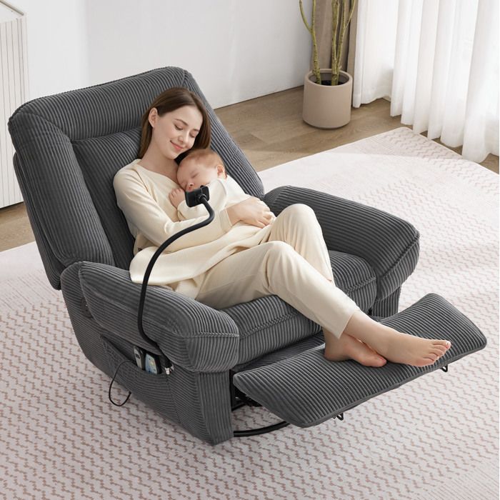 Fauteuil relax électrique 1 place massant chauffant pivotant 360° et à bascule USB velours côtelé gris ORVRYN