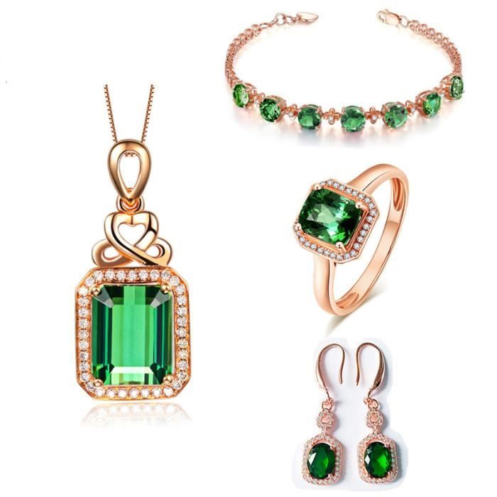 4 pi ces Ensemble de bijoux plaqu or rose 18 carats vert meraude