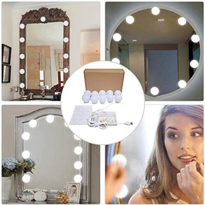Kit Lumière Miroir Maquillage LED Hollywood - 10 Ampoules Dimmables - 3 Modes Couleur - Alimentation USB